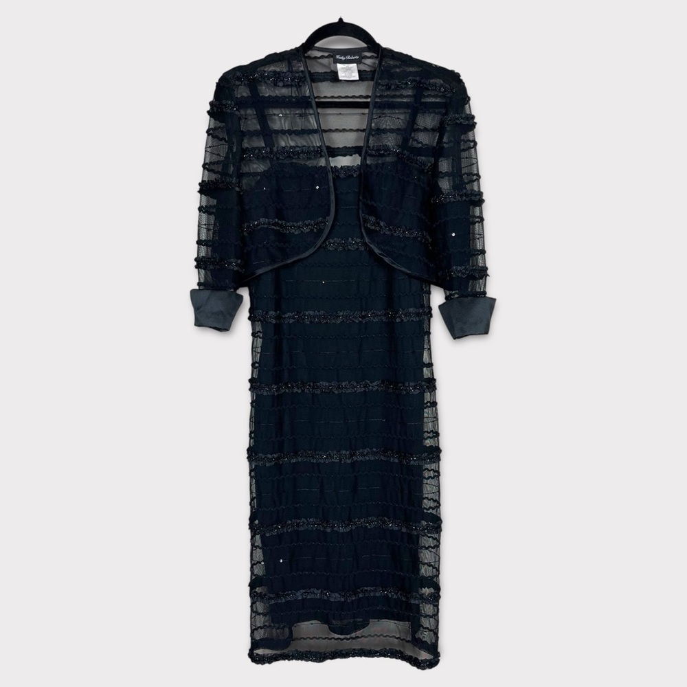 Kathy‎ Roberts Sheer Sequins Ruffle Midi Dress 18 Grunge Whimsigoth Formal Black